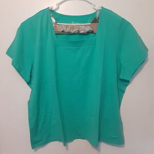 Denim & Company Adult Womens 3X Green Peasant Knit Top Short Sleeves EUC